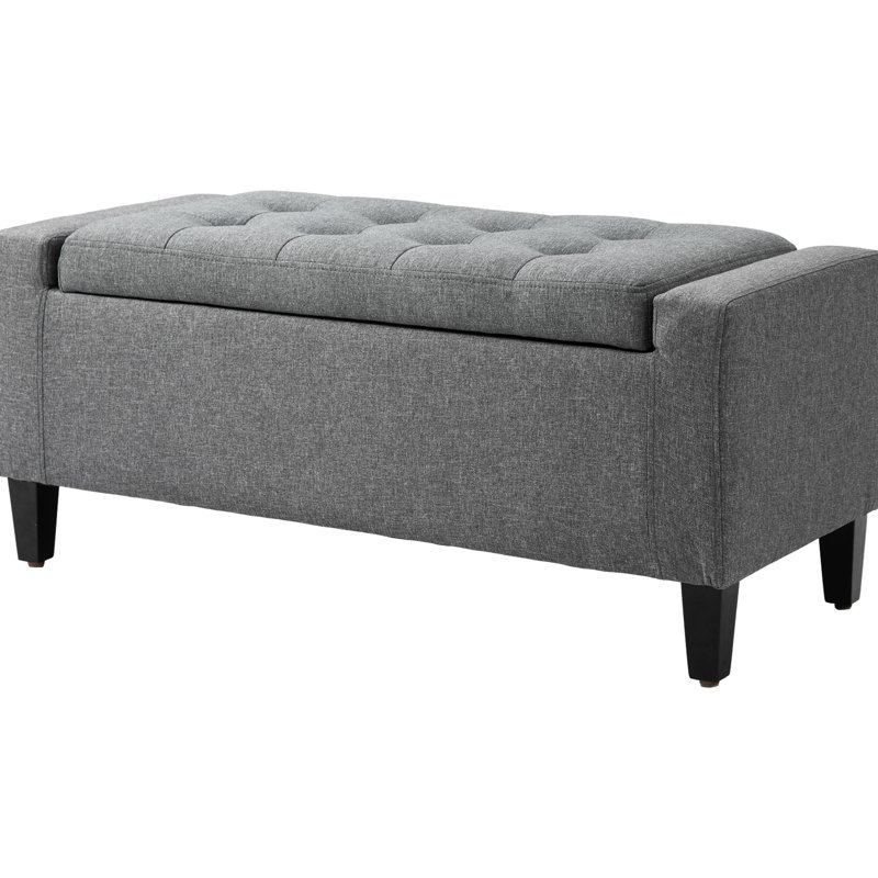Gris avec dessus relevable et banc de rangement spacieux en lin, bouton, polyvalent pour le salon comme repose-pieds, compartiments de lit abondants
