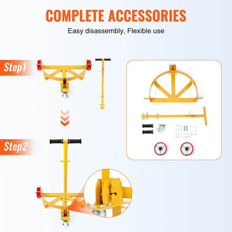 208.2 L Drum Dolly, 544.3 kg Load Capacity, Barrel Dolly Cart Drum Caddy Round Dolly Steel Low Profile, Heavy Duty Steel Frame with Adjustable Handle 3 Wheels, for Workshop Factory Warehouse