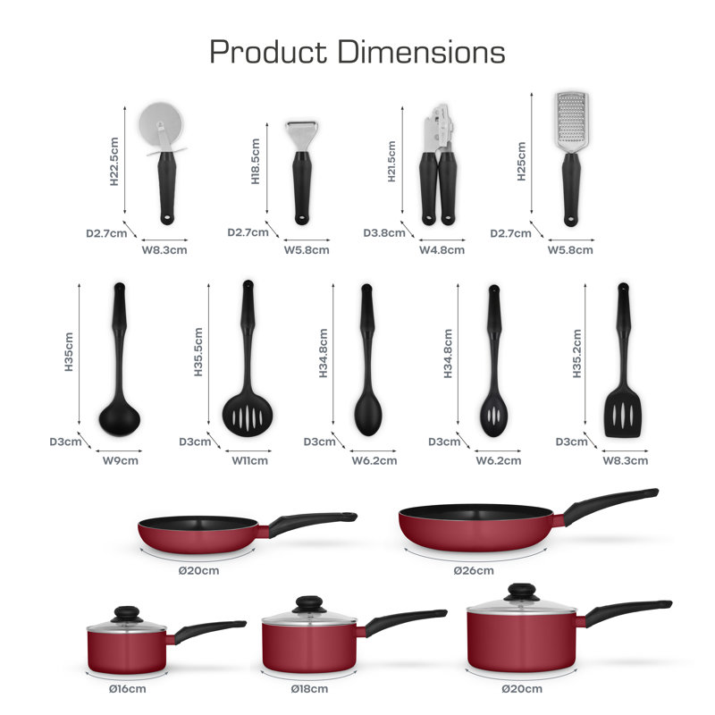 Swan Townhouse 14 Piece Aluminium Cookware and Tool Set with 16/18/20cm saucepans with Glass Lids and 20/26cm Frying Pans
