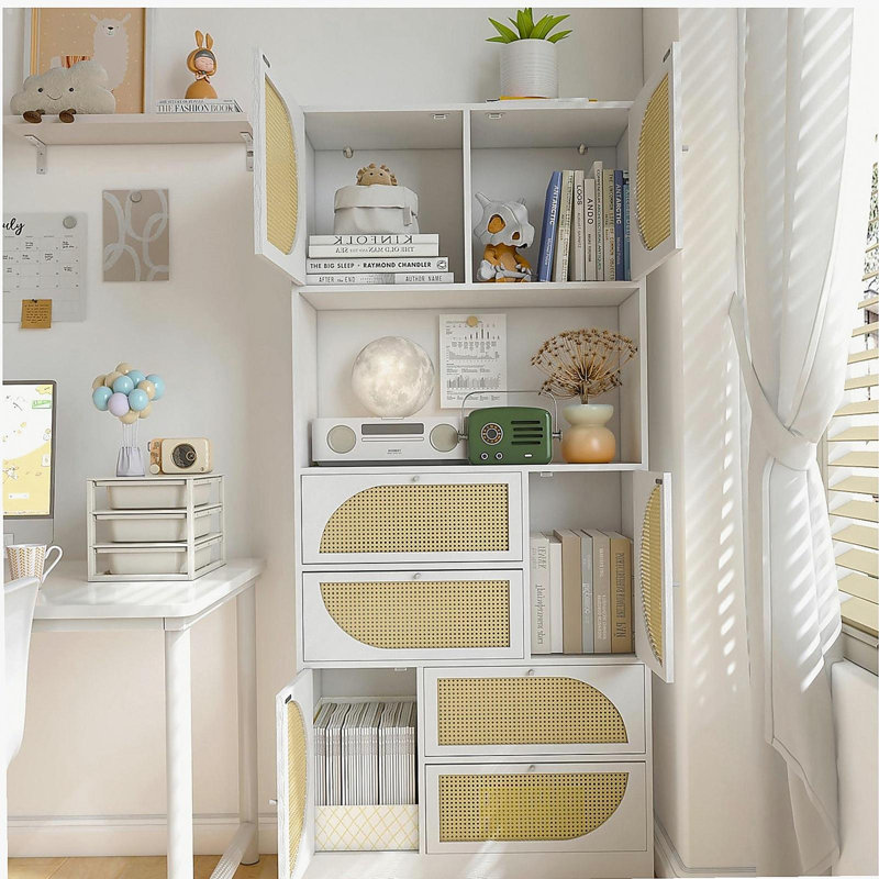 Storage cabinet with wicker door, high-level independent cabinet with power outlets, 4 cabinet doors and 4 drawers, and 1 large desktop, buffet sideboard door design