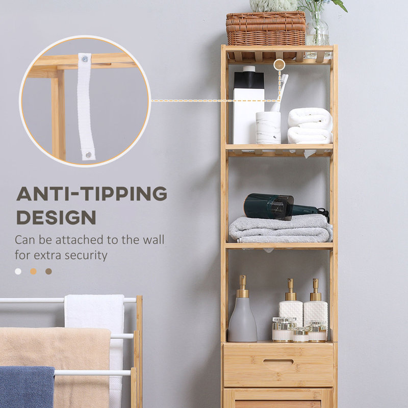 Tall Bathroom Cabinet With Drawer And Slatted Shelves, Slim Linen Tower With Louvered Door