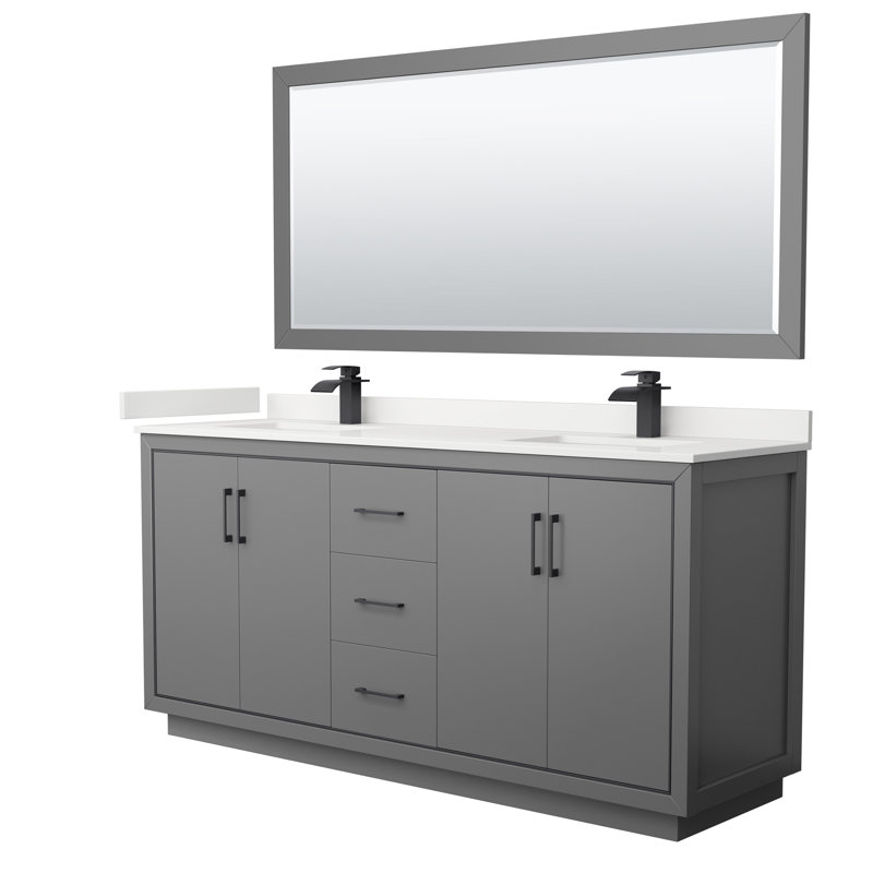 72'' W Double Vanity, White Quartz, Dark Gray, Brushed Nickel