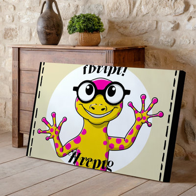 Toile, illustration fantaisiste d'un gecko anthropomorphique avec art mural, avec des caractéristiques exagérées, y compris une grande toile murale ronde