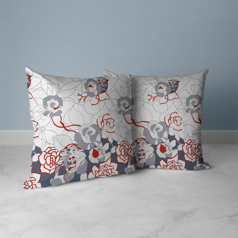 Coussin décoratif réversible Regal Rose Retreat, Blanc / gris / rouge, H 18 po x l 18 po