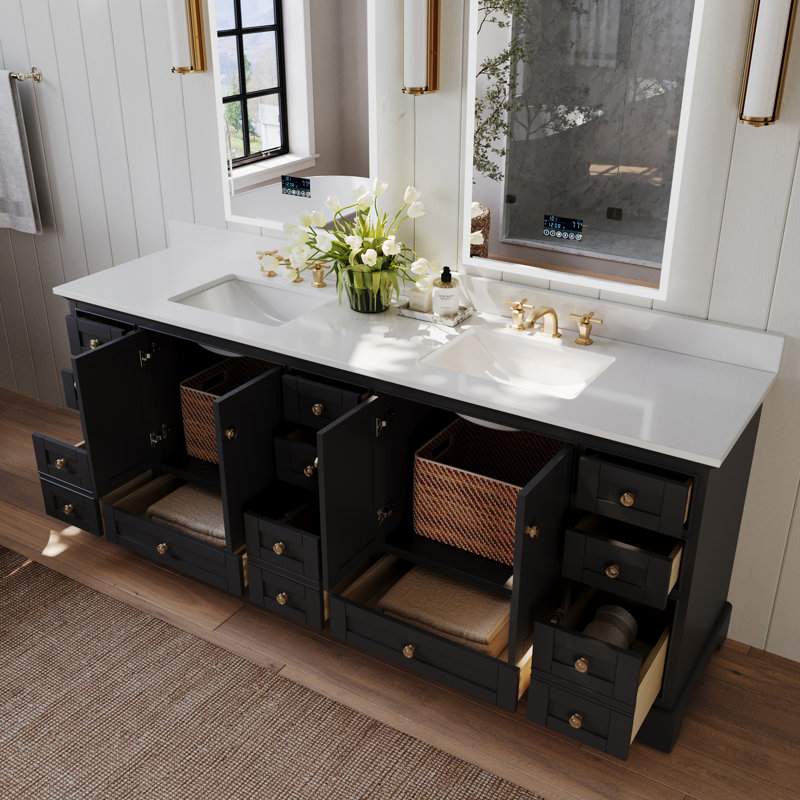 Brimfield 84'' Free Standing Double Bathroom Vanity, Black Onyx, Brushed Gold