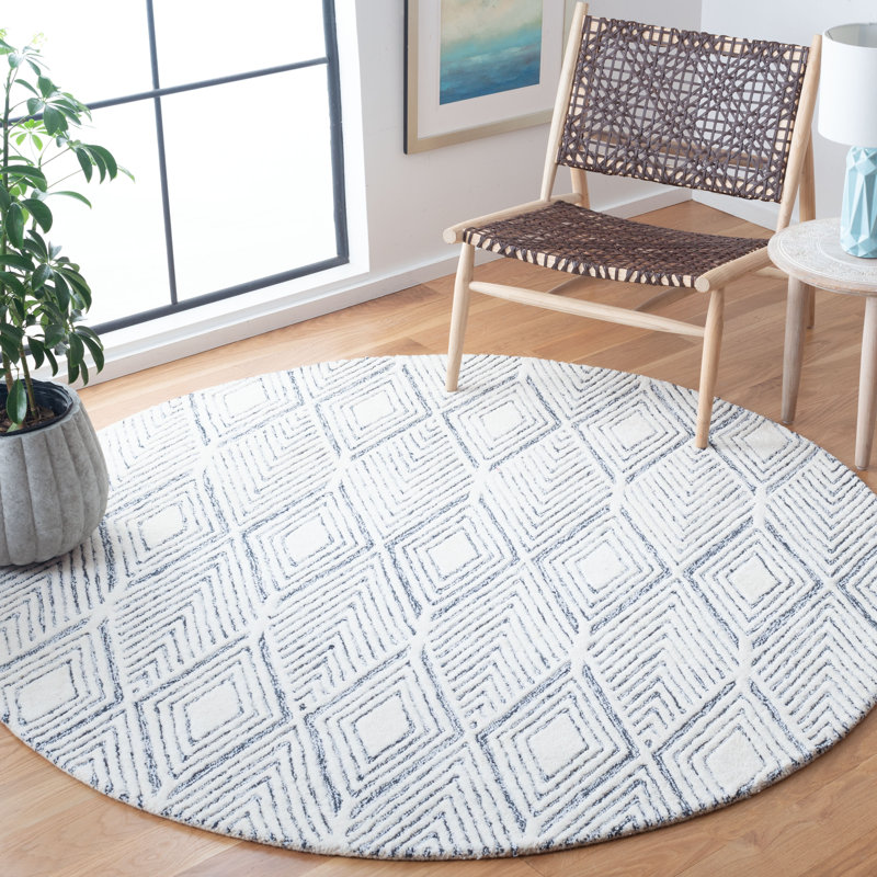 Abstract Hand Tufted Wool/Cotton Geometric Rug in Gray/Ivory, Round 6'