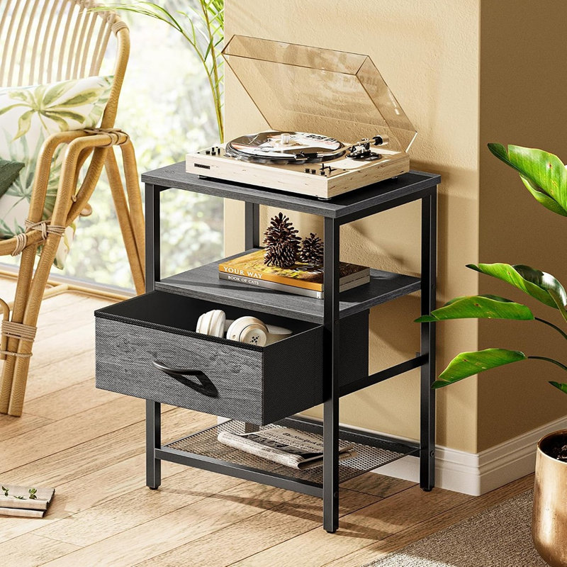 Ensemble de 2 tables de chevet avec tiroir en tissu, étagère en maille et structure en métal – Gris