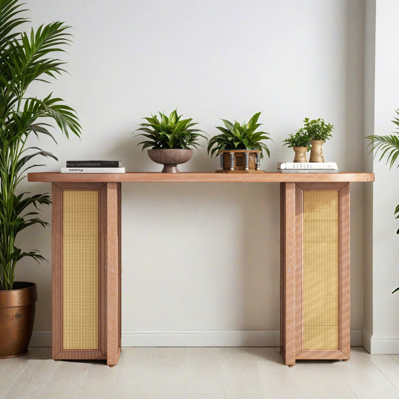 Table d'entrée 47,82 po Farmhouse Rattan Console, Bois naturel délavé