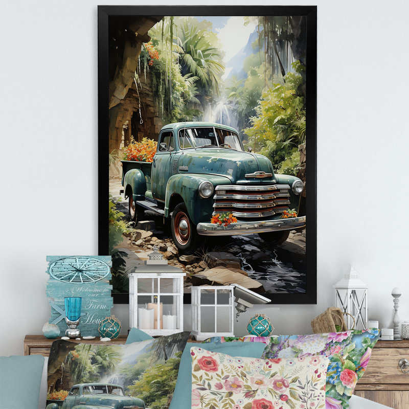 Kampou, camionnette verte Enchanting Waterfall III - impression, Cadre photo noir, H 32 po x l 24 po x P 1 po