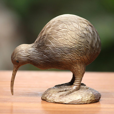 Hand-Carved Hibiscus Kiwi Bird Sculpture