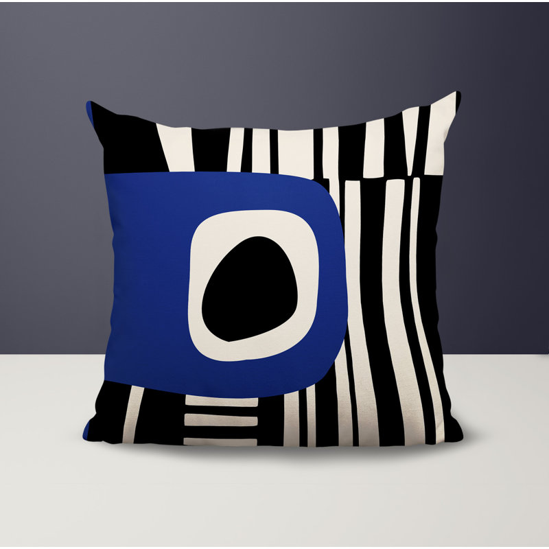 Oreiller carré réversible intérieur / extérieur Jina, Bleu marine / noir / blanc cassé abstrait, H 15 po x l 15 po