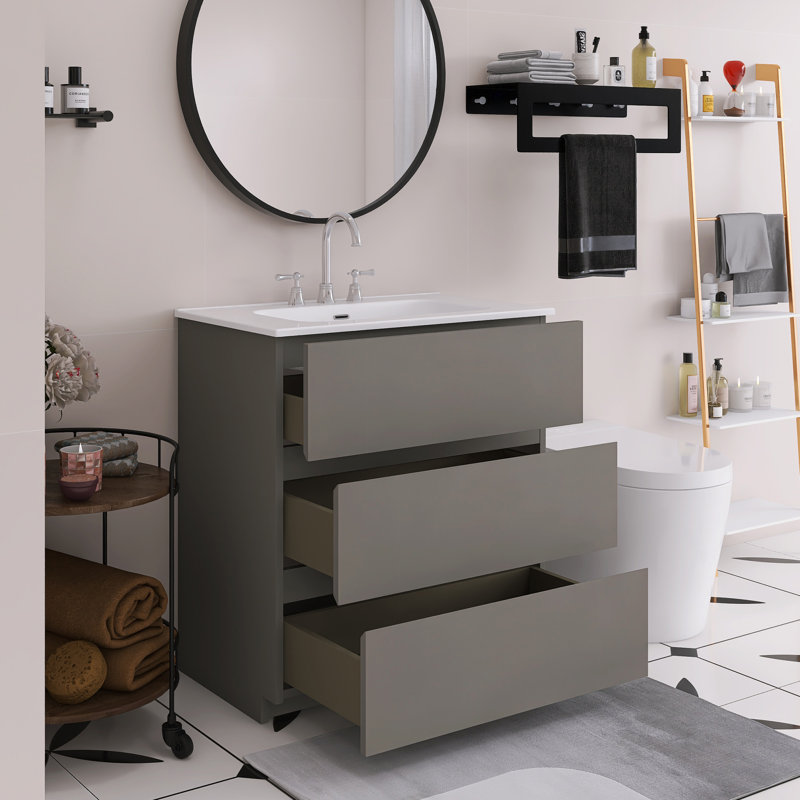 Meuble-lavabo sur pied 30 po avec lavabo en céramique, Gris