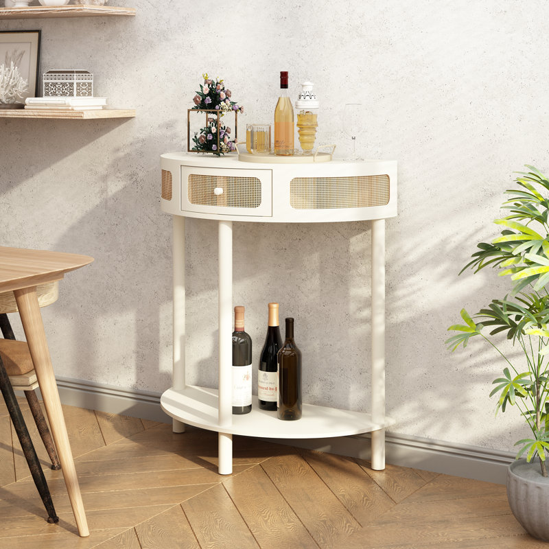  Cantina 31"W Half Round Solid Wood Console Table,Authentic Rattan Half Moon Accent Table, White/Natural