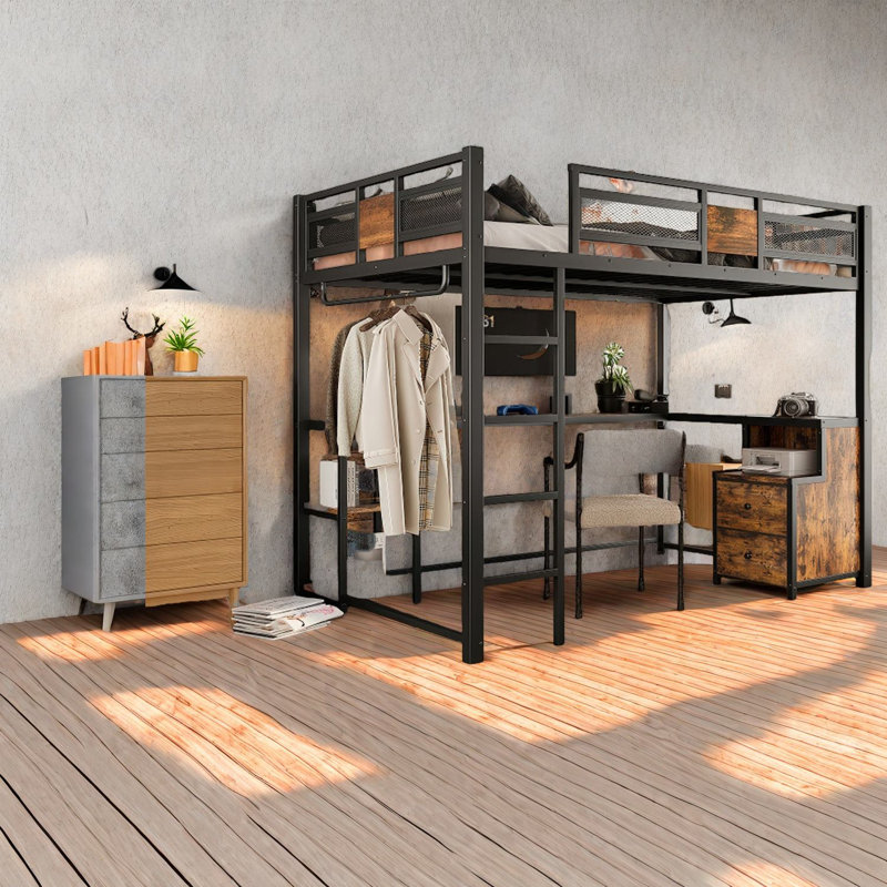 Lit mezzanine double en métal avec bureau peu encombrant, design noir moderne pour les petits espaces