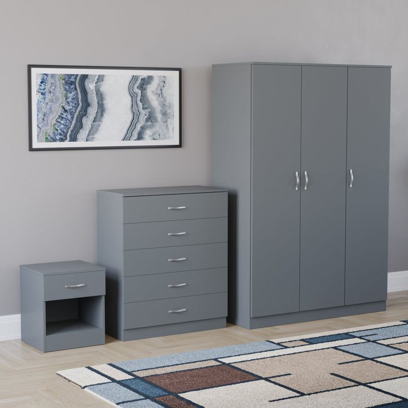 Maybery 3 Piece Bedroom Set (1 Drawer Bedside Chest, 5 Drawer Chest, 3 Door Wardrobe), (5), Grey
