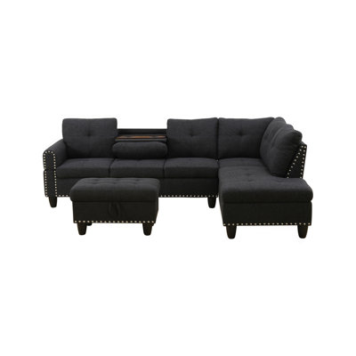 L Shape Sectional Sofa Chair With Cup Holder - Black-Right