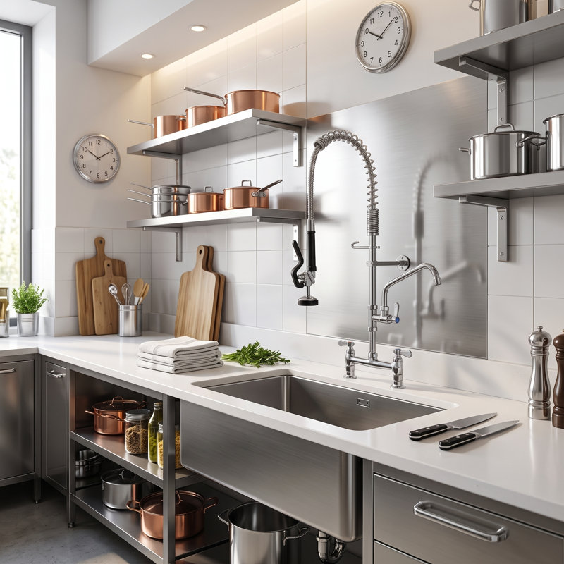 28.9 Inch Brass Deck Mount Commercial Kitchen Faucet with Pre-Rinse Sprayer, Silver
