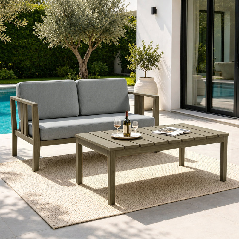 Junco Teak Outdoor Two-person Patio Set With Cushions And Coffee Table, Brown, Gray