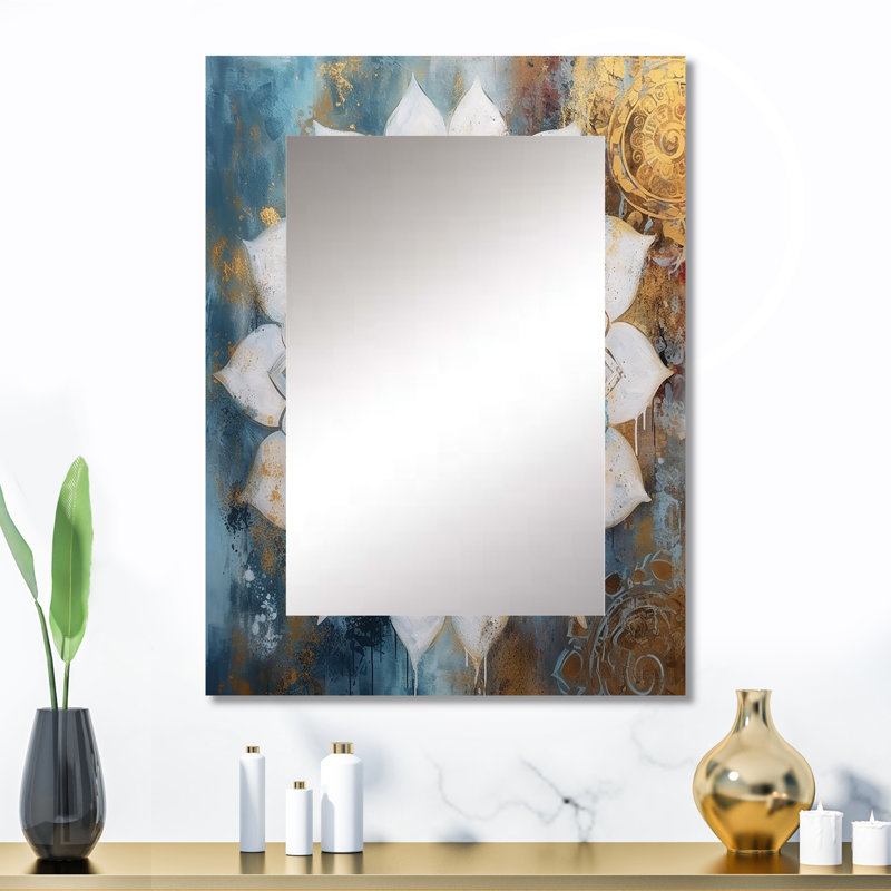 White And Gold Mandala II - Boho Mandala Decorative Mirror, Traditional Wall Mirror, Printed Metal Art, 32" x 24"