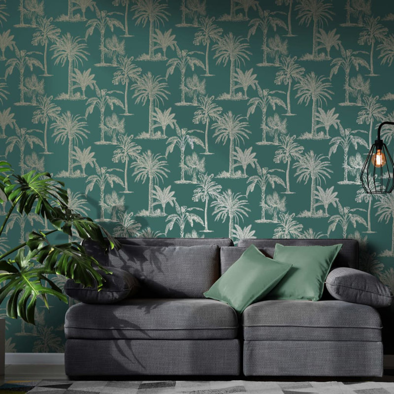 Dutch Wallcoverings Wallpaper Tropical Trees, Teal/Silver