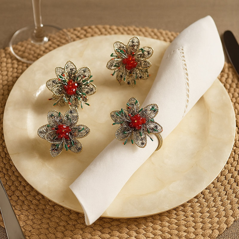 Anneaux de serviette de Noël perlés à la main, lot de 4