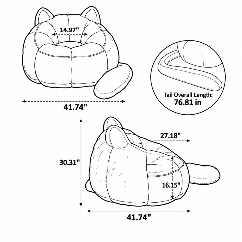 Sofa une place moderne et ludique en fausse fourrure, sans os, avec coussin en forme de queue, pour salon ou chambre. Inspiré par un chat enjoué, ce divan est parfait pour le salon ou la chambre.