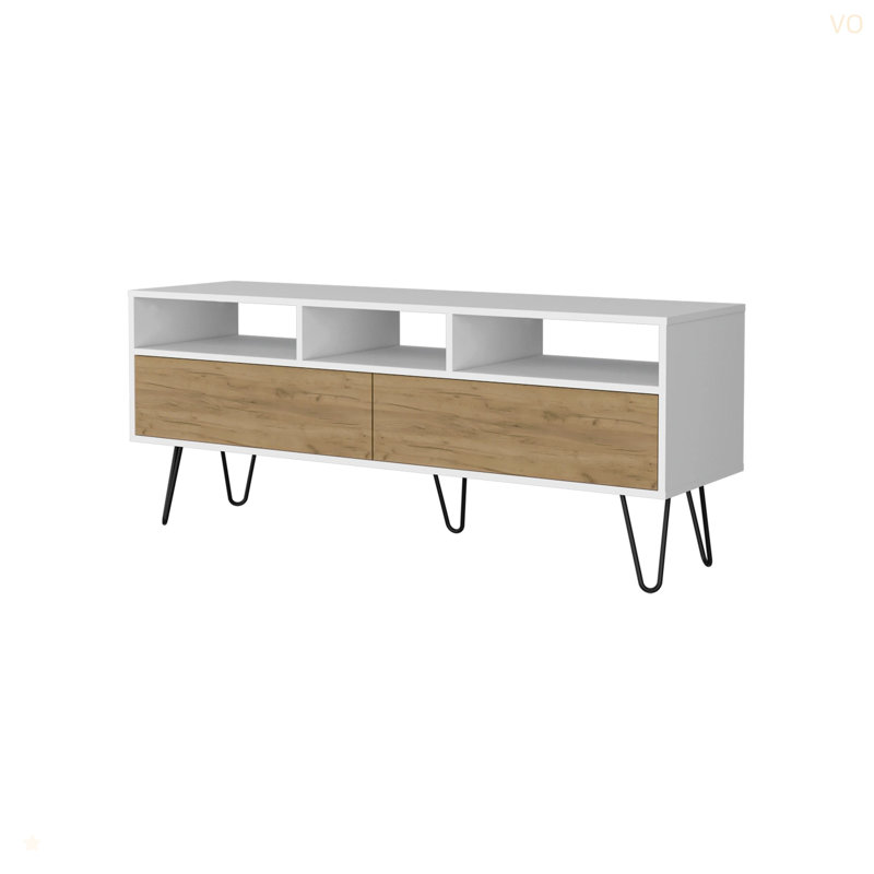 Meuble télé blanc et chêne naturel avec 2 portes et rangement ouvert