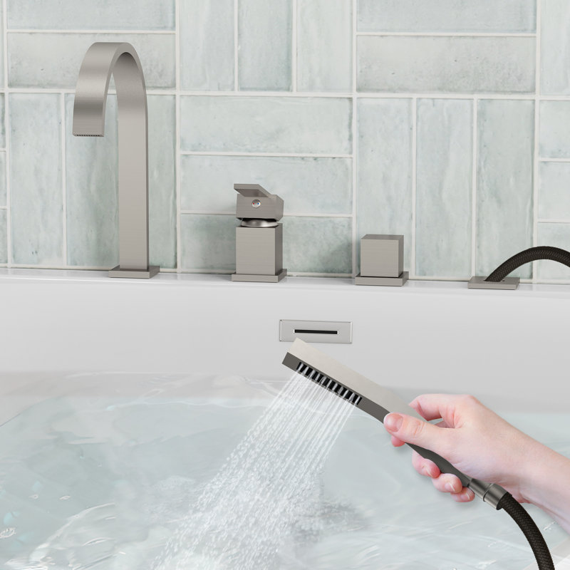Deck Mounted Roman Tub Faucet With Diverter & Hand Shower, Brushed Nickel