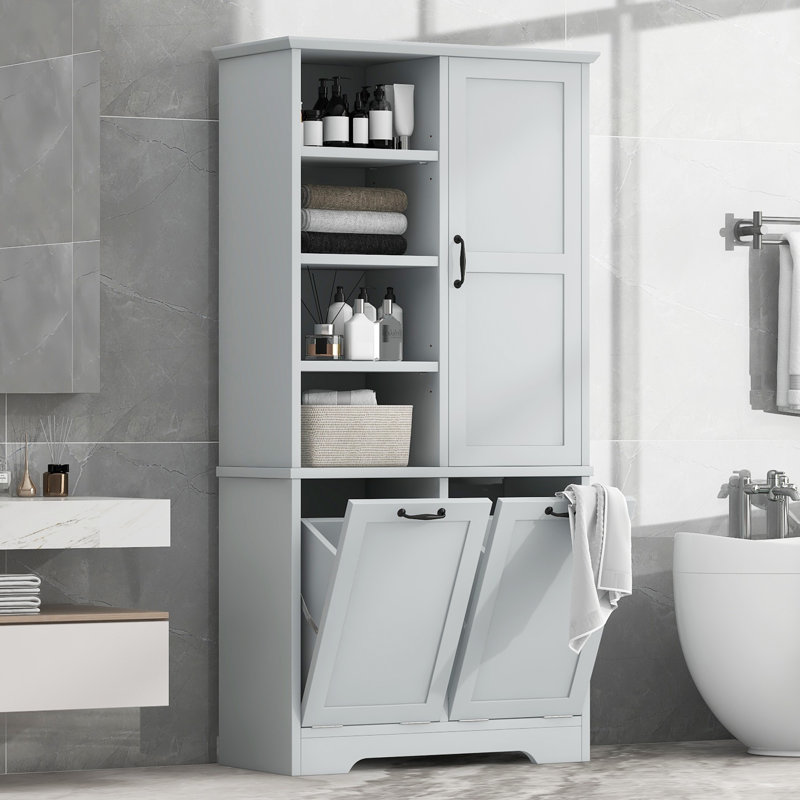 Armoire de rangement pour salle de bain avec portes et tiroirs, panier à linge inclinable, plusieurs espaces de rangement, style autoportant, tablette ouverte, tablette réglable, gris