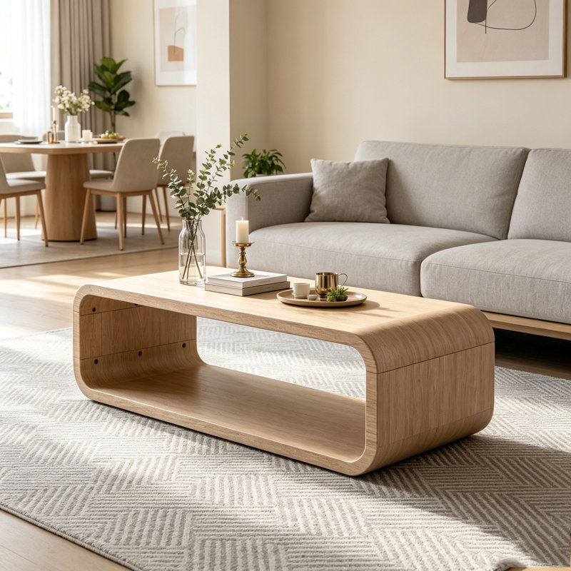 Modern Open-Frame Elegant Curved Light Wood Coffee Table