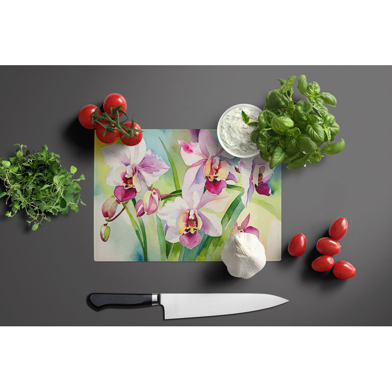 Orchids in Watercolor Glass Cutting Board Large