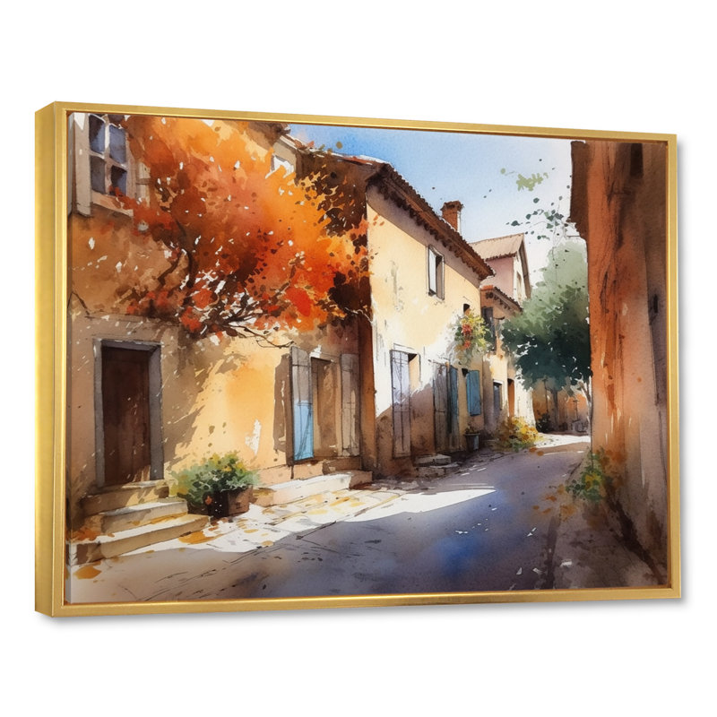 Jaegar, village méditerranéen, rue III, sur toile, H 34 po x l 44 po x P 1,5 po, Cadre flottant doré
