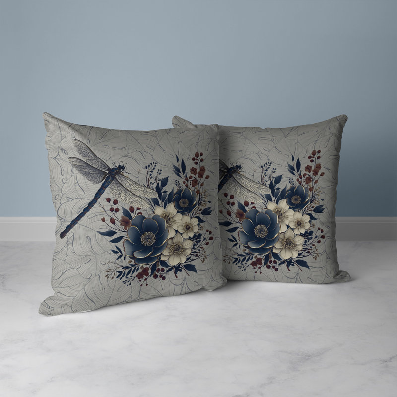 Coussin décoratif intérieur / extérieur Dragonfly Haven, H 18 po x l 18 po, Bleu / crème / gris