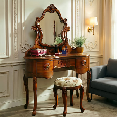 43.31"American-style brown solid wood dressing table with mirror