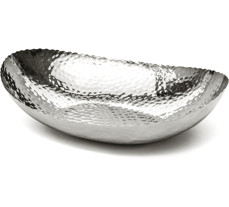Bol à fruits en métal martelé à la main pour comptoir de cuisine, 12,75 po, Acier inoxydable poli