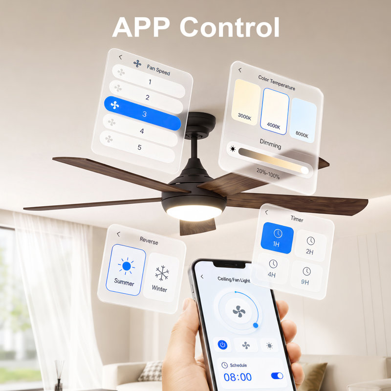 48" 5-Blade Smart Ceiling Fan with Light Kit, WiFi/APP/Voice/Remote, High Airflow Low Noise 6-Speed Dual-Sided, Reversible Airflow DC Motor