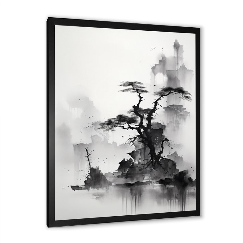 Asian Art Landscape Sumi - Art asiatique grand art mural, Cadre simple noir, H 44 po x l 34 po x P 1,5 po