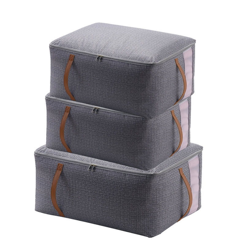 Portable Quilt Storage Bags for Clothes Blankets, 3Pcs Tweed Style Foldable Organizer Bags with Leather Handles, Oxford Fabric Large Capacity Storage for Comforter Seasonal Clothing, Clear Window Waterproof Moisture-Proof