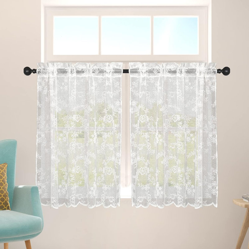 White Lace Curtains  2 Panels Set, Embroidered Rustic Floral Vintage Lace Curtains for Small Windows, Rod Pocket Privacy Sheer Window Curtain,