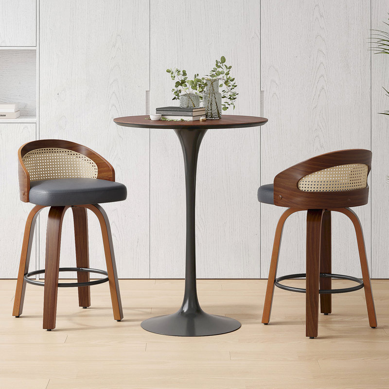 Ensemble de 2 tabourets pivotants, structure en bois moderne avec dossier en rotin, cuir PU pour comptoir de cuisine, tabourets de bar rembourrés avec repose-pieds Mid-Century