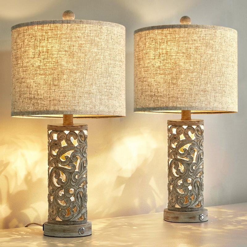 Wash White 22'' Touch Control Table Lamp Set with USB Ports
