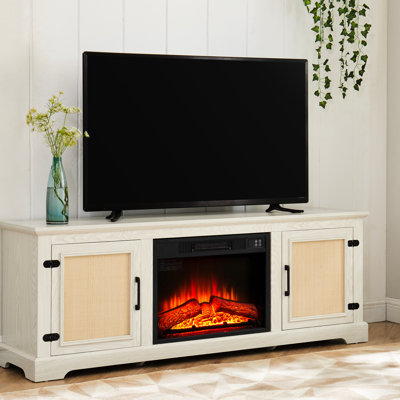 Meuble de rangement avec surface naturelle et foyer pour téléviseurs de 70 pouces, l 65 po x P 15,4 po H 24,26 po, console de divertissement blanche