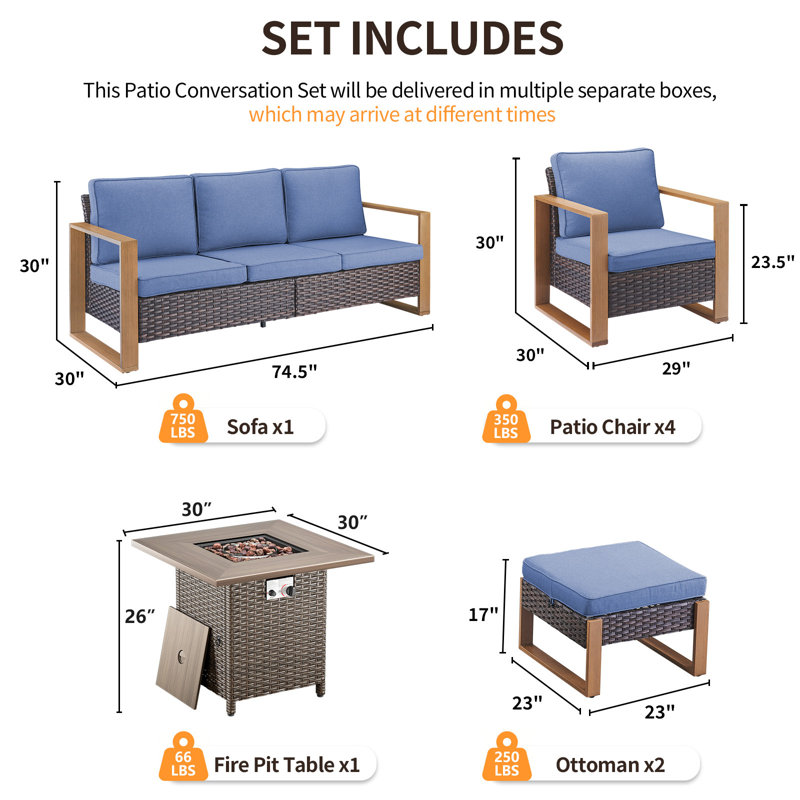 Ensemble de conversation d'extérieur carré en osier 8 pièces avec 4 fauteuils et 2 repose-pieds Palomares, Bleu, Brun