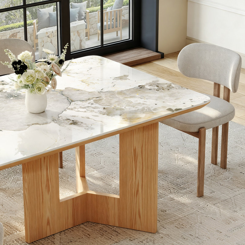 Sintered Stone 82.6'' Solid Wood Pedestal Rectangle Dining Table Seat 6-8