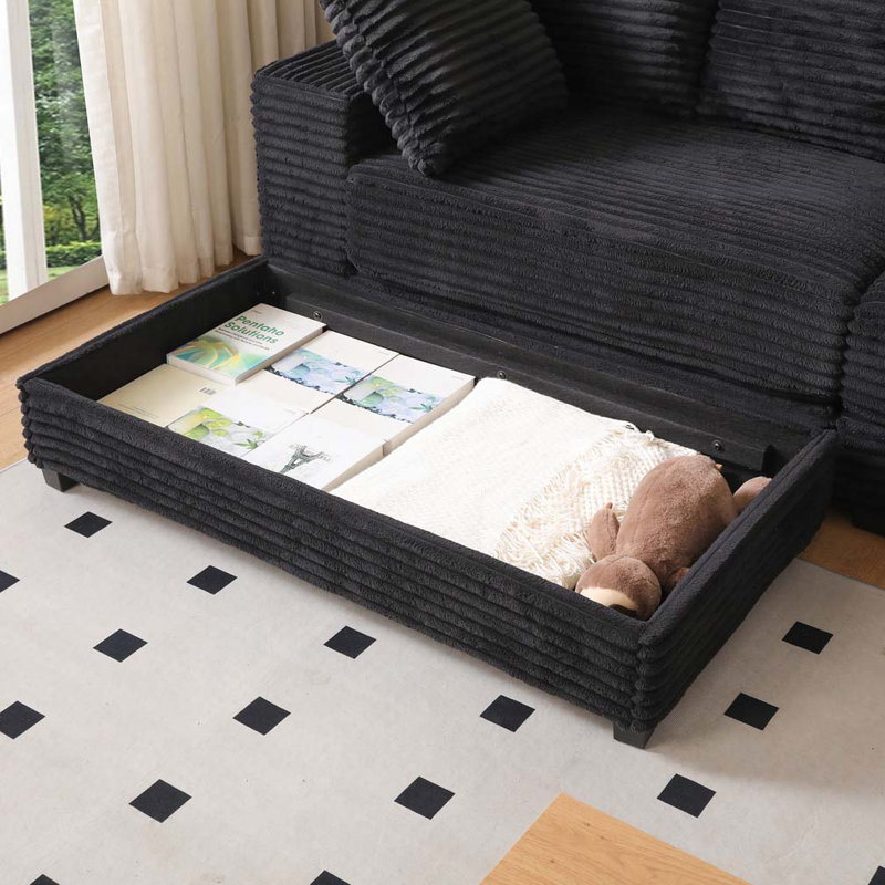 Canapé modulaire en velours côtelé 108,6 po avec repose-pieds, Noir