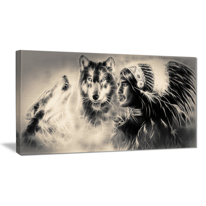 Indian Warrior with Wolves - Impression sur toile tendue, H 20 po x l 40 po x P 1po