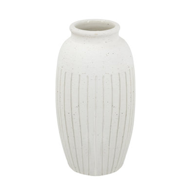 Vase en céramique tirée à la main D7.5X15 "avec texture nervurée et finition blanche mouchetée