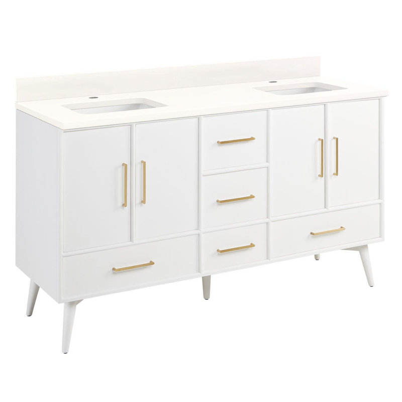 Ensemble de meuble-lavabo double 60 po avec lavabo sous plan Novak, Quartz blanc arctique, Monotrou, Blanc