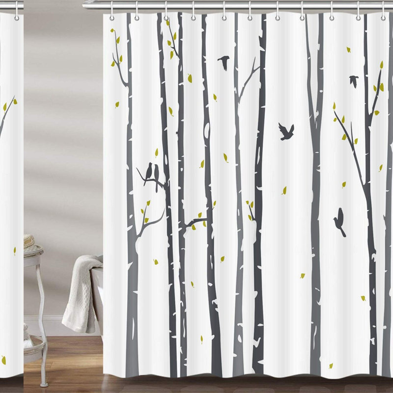 Rustic Birch Forest Shower Curtain - Neutral Grey Tree Design with Rowley Birds, Black and White Abstract Bathroom Decor, Hooks Included