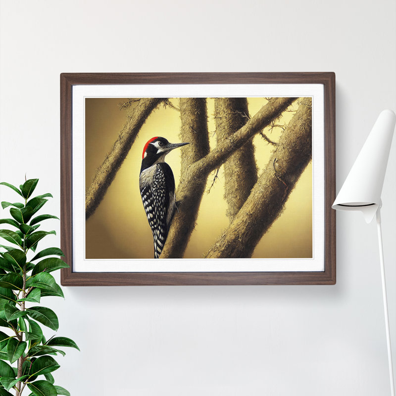 Handsome Woodpecker Bird - Single Picture Frame Painting, Walnut, 25cm H x 34cm W x 2cm D